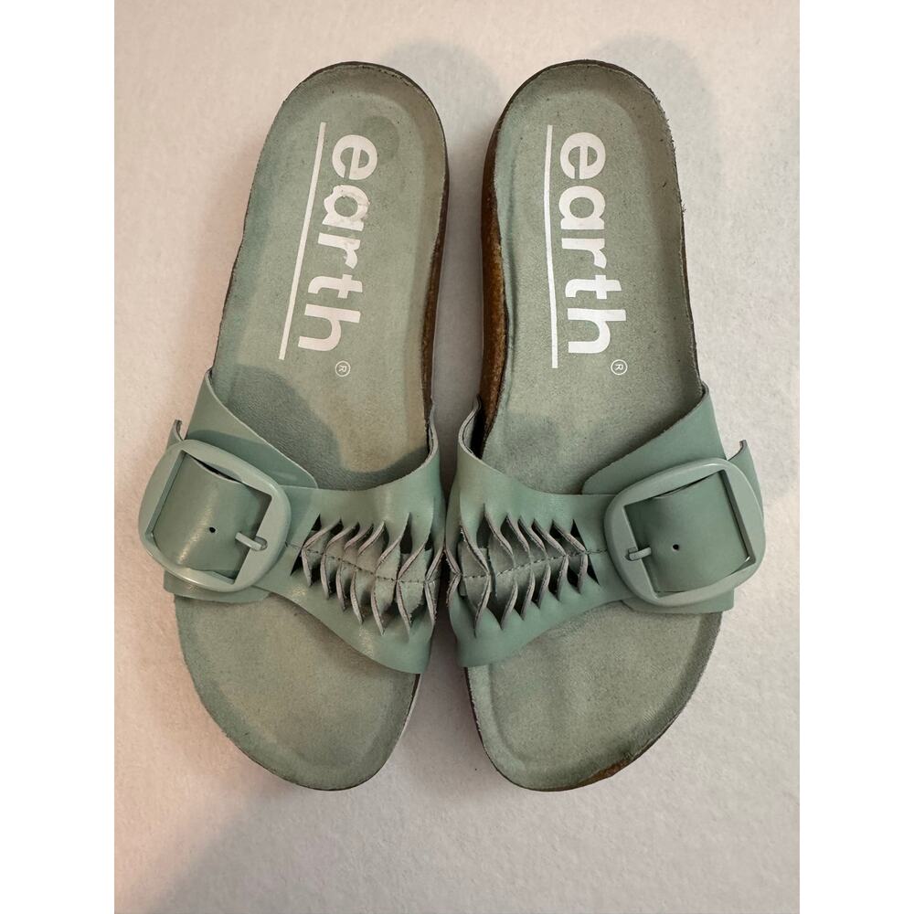 Earth Albina Woven Round Toe Casual Flat Sandals Green Leather 9M - Picture 2 of 9